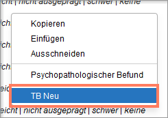 Über TB Neu im Kontextmenü legen Sie einen Textbaustein an. Kontextmenü mit dem Eintrag TB Neu