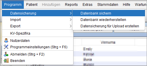 Die Sicherung vor der Wartung starten Sie über Programm > Datensicherung > Datenbank sichern. Datensicherung über Programm > Datensicherung > Datenbank sichern