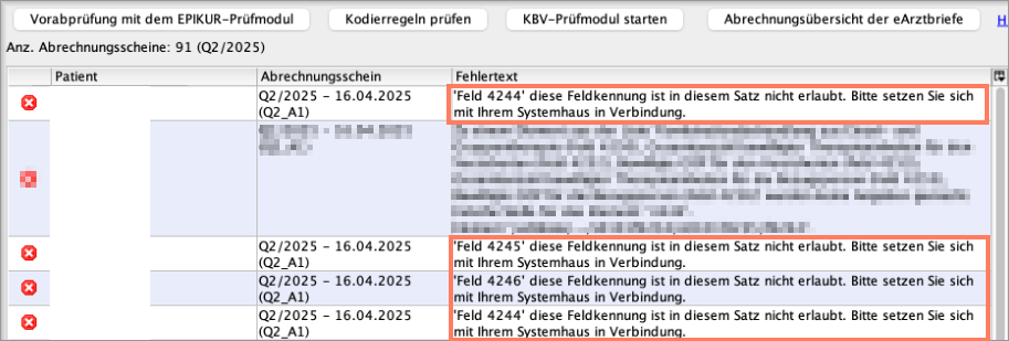 Die Fehlermeldung des KBV-Prüfmoduls zu den Feldkennungen 4244, 4245 und 4246.