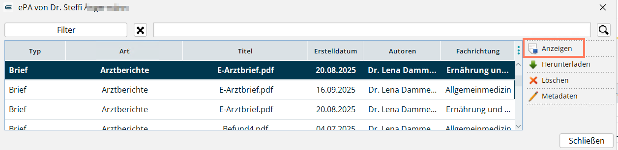 Anzeigen öffnet eine Vorschau, ohne das Dokument herunterzuladen. Vorschau eines Dokuments über Anzeigen