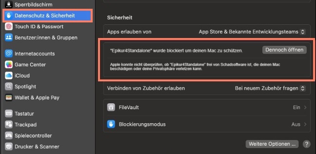 Mit Dennoch öffnen lassen Sie EPIKUR zu. Schaltfläche „Dennoch öffnen“ im Bereich „Sicherheit“