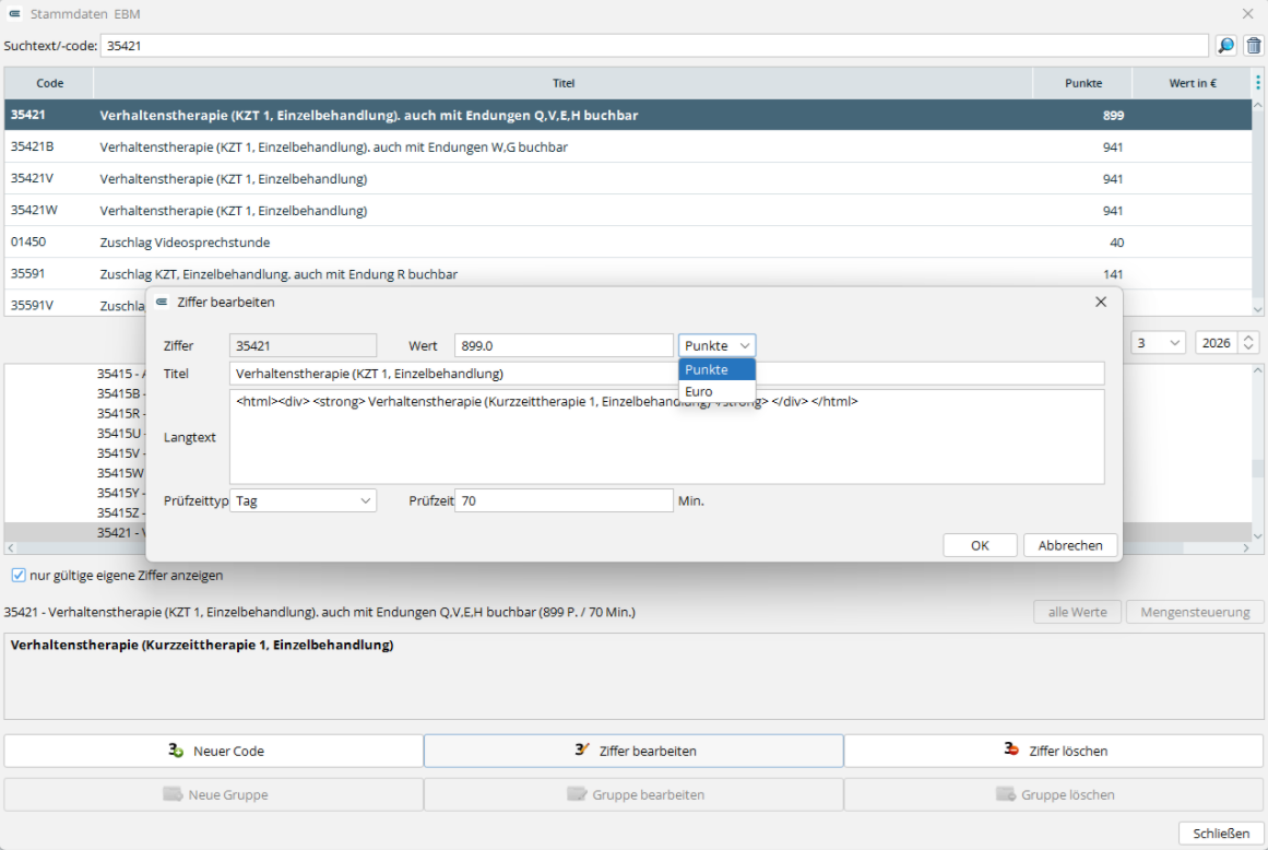 Dialogfenster Ziffer bearbeiten mit den Feldern Wert, Titel, Langtext, Prüfzeittyp und Prüfzeit