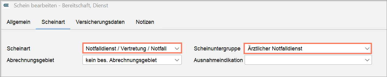 Eingabe von Scheinart und Scheingruppe für den Notfalldienst