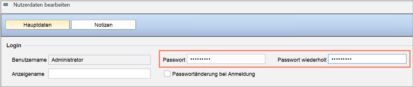 Auf der Registerkarte Hauptdaten vergeben Sie das Passwort für den Administrator.