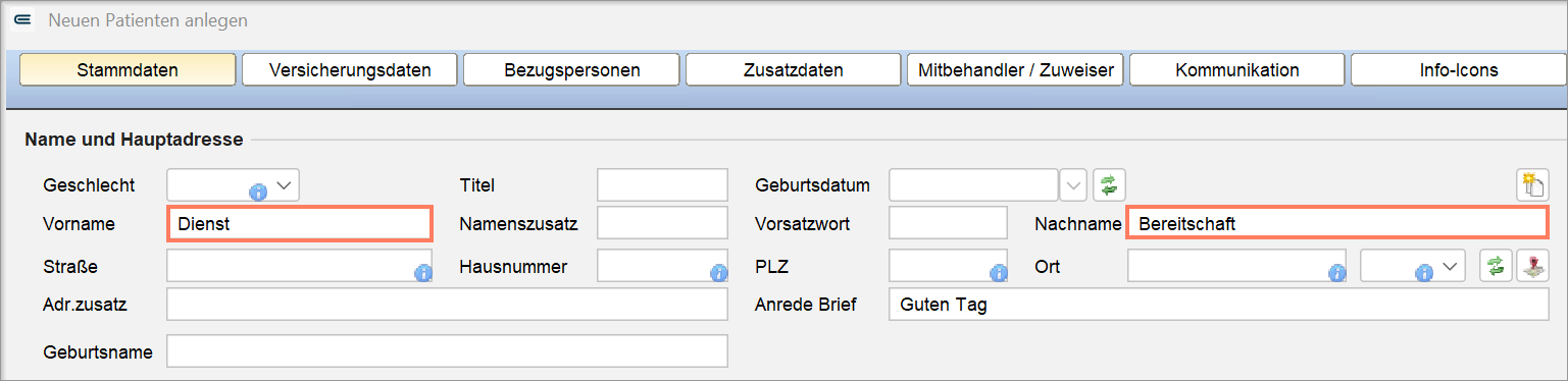 Eingabe der Stammdaten für den fiktiven Poolarzt-Patienten