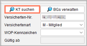 Mit KT suchen wählen Sie die gesetzliche Krankenkasse als Kostenträger. Button KT suchen in den Versicherungsdaten