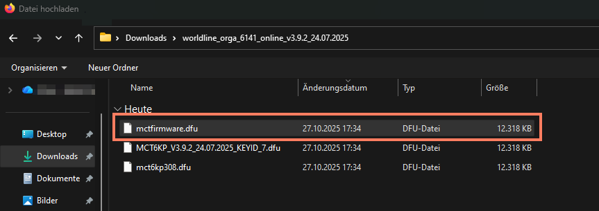 Auswahl der Datei mctfirmware.dfu