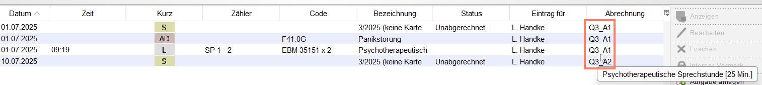 Die Spalte Abrechnung zeigt, auf welchem Schein die Leistung steht. Auswahl des Scheins in der Spalte Abrechnung