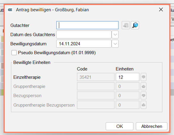 Dialogfenster mit den Details des bewilligten Antrags