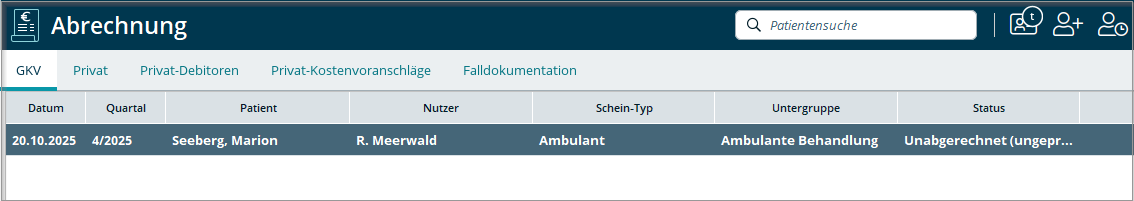 In der GKV-Abrechnungsansicht markieren Sie die Abrechnungsscheine, die Sie drucken möchten. Abrechnungsansicht (GKV)
