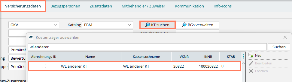 Kostenträgersuche mit VKNR 20822 und WL anderer Kostenträger