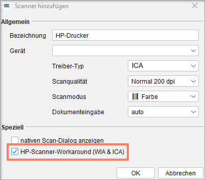 Kontrollkästchen HP-Scanner-Workaround in den Geräteeinstellungen