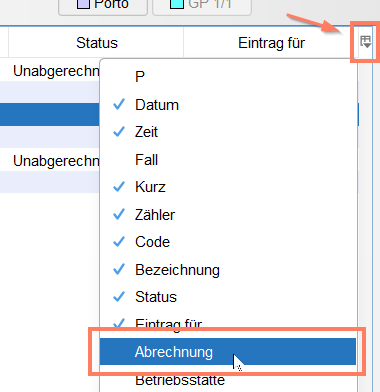 Aktivierung der Spalte Abrechnung