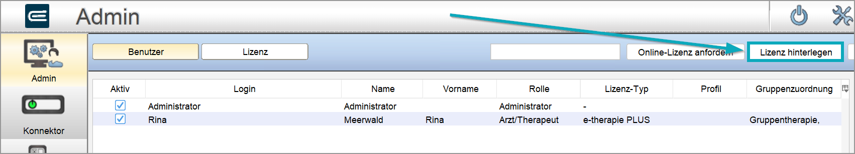 Schaltfläche „Lizenz hinterlegen” in der Admin-Ansicht