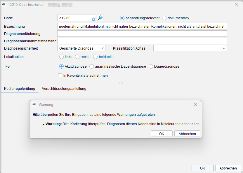 Der Reiter Kodierregelprüfung zeigt den Konflikt und einen Korrekturvorschlag.