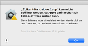 Meldung von macOS beim Öffnen, zweite Variante