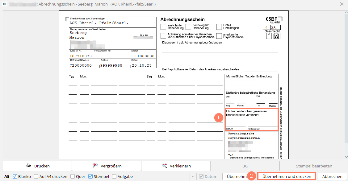 Der Ausdruck ohne Leistungsangabe enthält keine Leistungen. Ausgedruckter Abrechnungsschein ohne Leistungsangabe