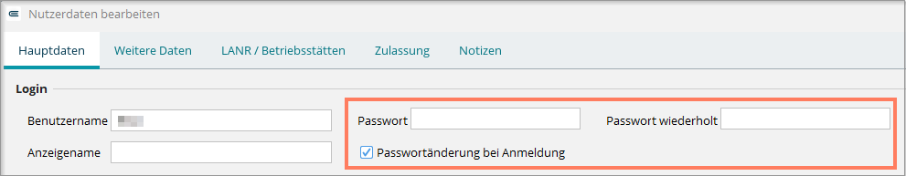 Im Bereich Login vergeben Sie das neue Passwort und wiederholen es. Neues Passwort im Bereich Login vergeben