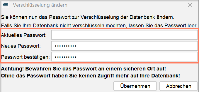 Im Dialogfenster Verschlüsselung ändern vergeben Sie das Passwort für die Datenbank.