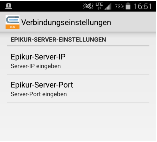 In den Verbindungseinstellungen tragen Sie die Adresse des EPIKUR-Servers ein. Ansicht Verbindungseinstellungen der EPIKUR-SMS-App