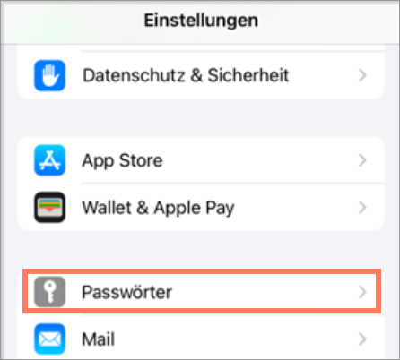 Bereich Passwörter in den Einstellungen