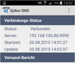 Bei korrekter Einrichtung zeigt die App den Status Verbunden. Ansicht Verbindungsstatus mit dem Status Verbunden