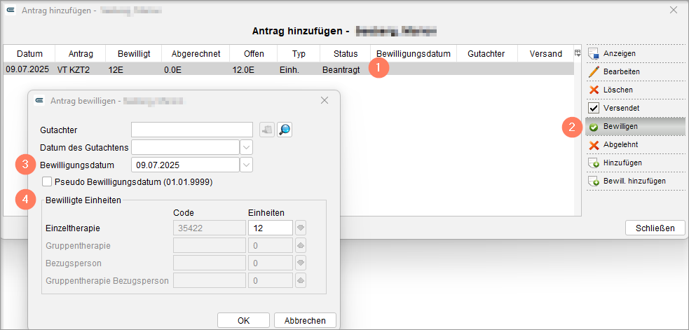 Erfassung von Bewilligungsdatum und bewilligten Stunden im Dialog Antrag