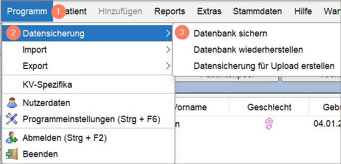 Die Datensicherung starten Sie in der Menüleiste über Programm, Datensicherung, Datenbank sichern. Menüpfad Programm, Datensicherung, Datenbank sichern in EPIKUR