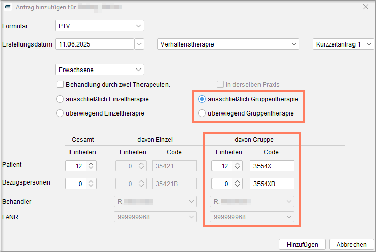 Mit den Optionsfeldern legen Sie fest, dass der Antrag ausschließlich oder überwiegend Gruppentherapie umfasst. Auswahl des Kontrollkästchens für Gruppentherapie im Antragstellungsassistenten