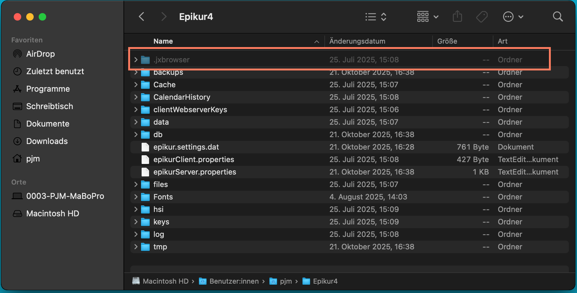 Der Ordner .jxbrowser im EPIKUR-Benutzerverzeichnis.