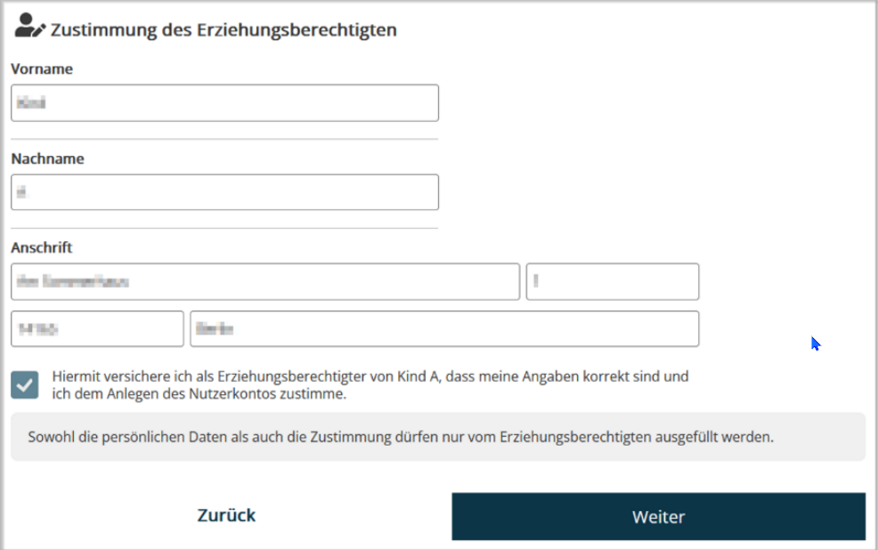 Zustimmung des Erziehungsberechtigten im Registrierungsdialog der Patienten-App