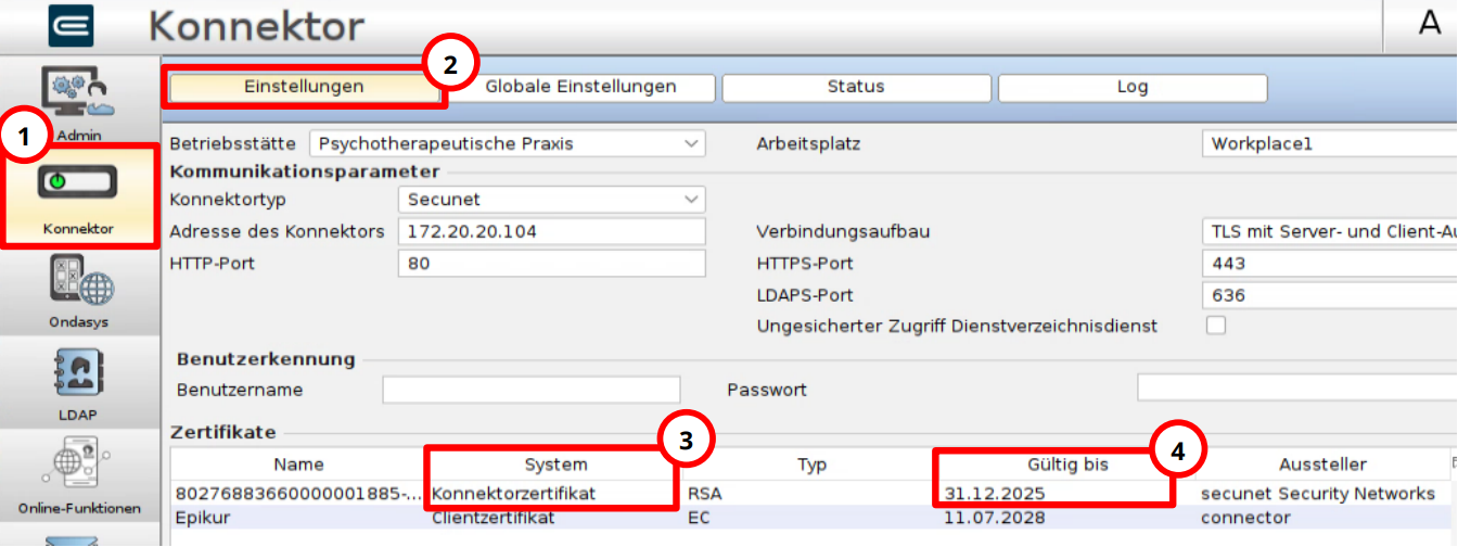 Konnektorzertifikat in den Administrator-Einstellungen prüfen