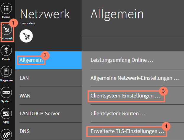 Unter Netzwerk > Allgemein öffnen Sie die Clientsystem-Einstellungen. Bereich Clientsystem-Einstellungen unter Netzwerk > Allgemein