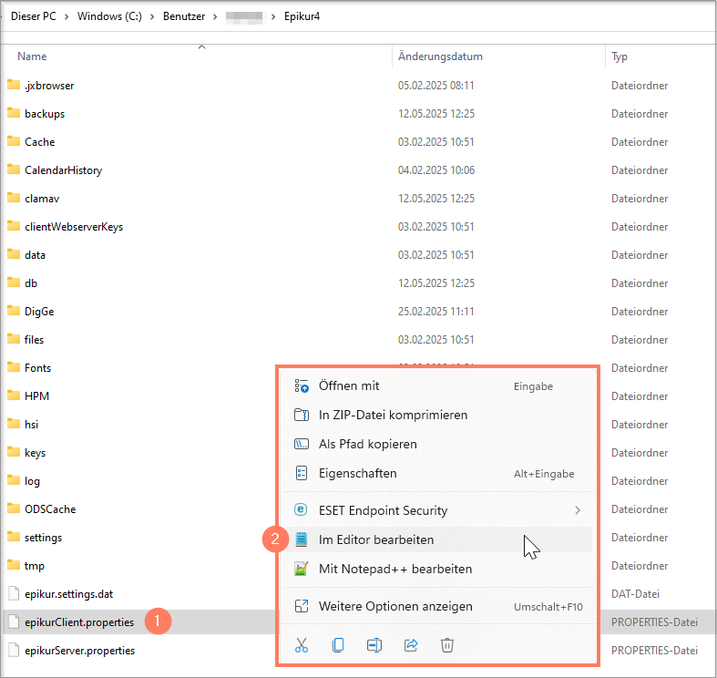 Ordner Epikur4 mit der Datei epikurClient.properties