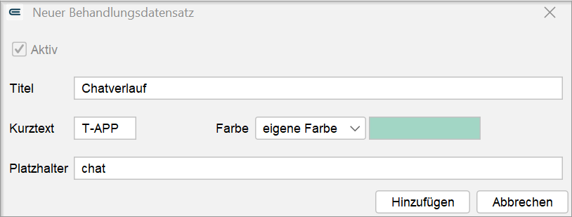 In den Programmeinstellungen legen Sie unter Behandlung die Kategorie Chatverlauf an.