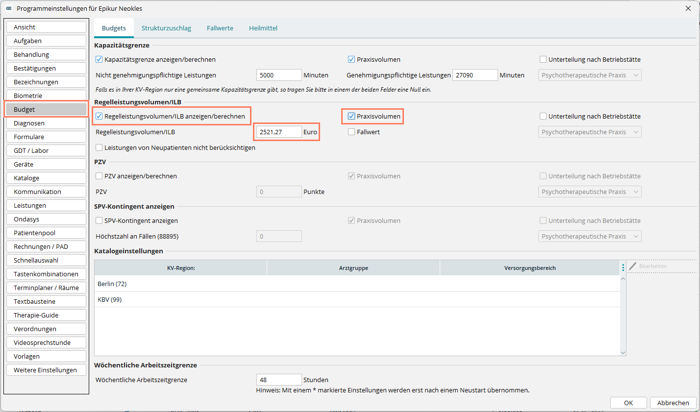 In den Programmeinstellungen unter Budgets aktivieren Sie das Regelleistungsvolumen und tragen das Budget ein. Programmeinstellungen: Registerkarte Budgets mit Feldern für das praxisbezogene Leistungsbudget