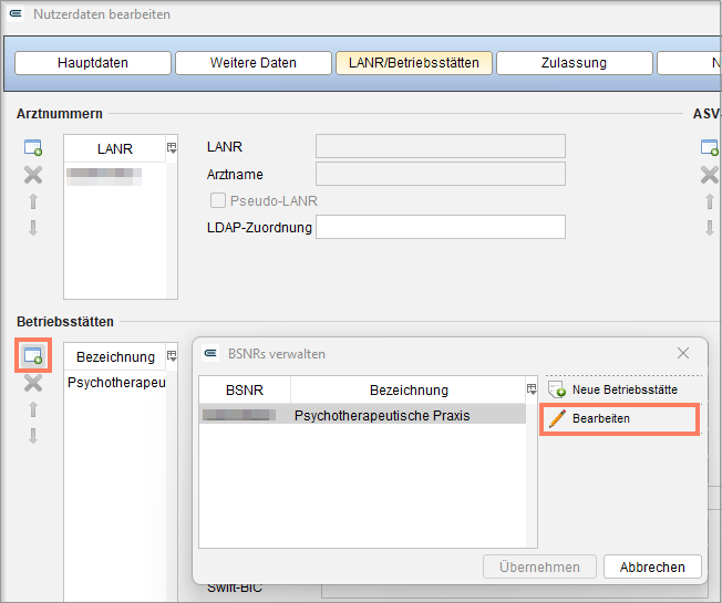 Über Bearbeiten in der Aktionsleiste öffnen Sie die Daten der ausgewählten Betriebsstätte.