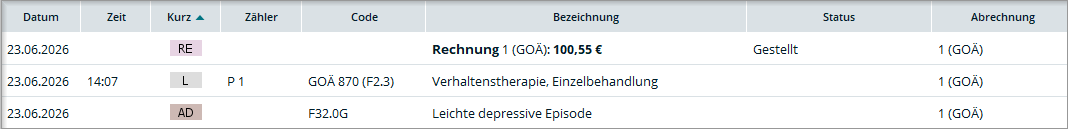 Die gebuchte Leistung erscheint unter der Rechnung, in der Spalte Abrechnung steht die interne Rechnungsnummer. Leistungshistorie mit gebuchter Leistung