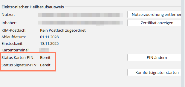 Bereit bei beiden PINs zeigt, dass der eHBA einsatzbereit ist. PIN-Status Bereit
