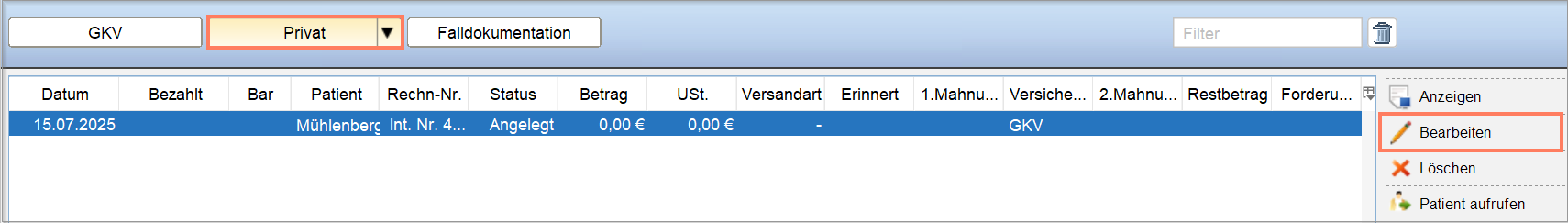 Bearbeiten einer Privatrechnung