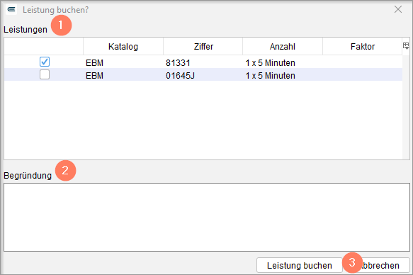 Das Dialogfenster zeigt die Leistungen, die für den Fragebogen oder Test vorgeschlagen sind.