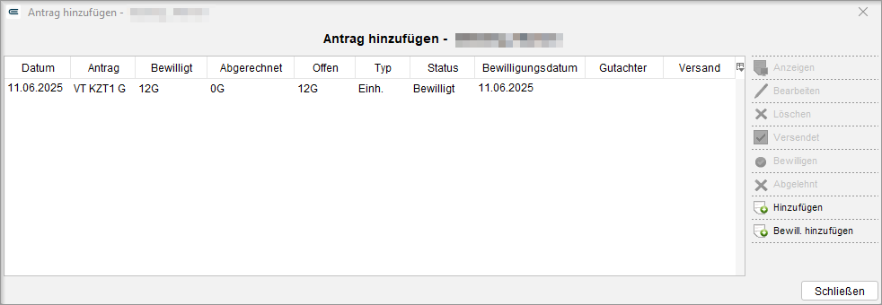 Der neue Antrag für Gruppentherapie erscheint mit Bewilligungsstatus in der Liste. Bewilligter Antrag für Gruppentherapie im Antragstellungsassistenten