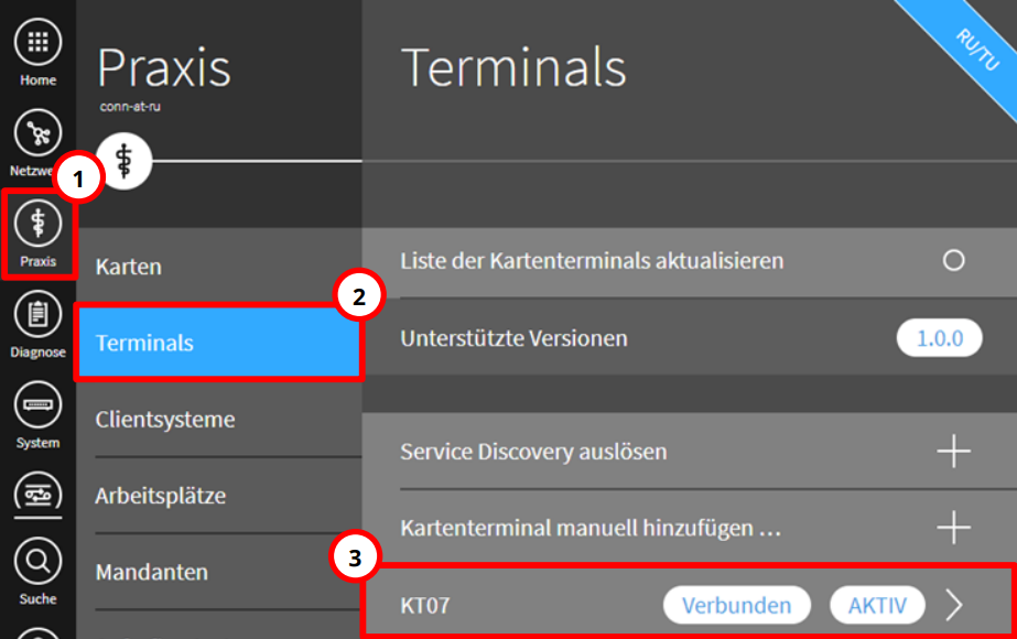 Die Liste der Kartenterminals in der Konnektor-Managementoberfläche. Terminal-Liste in der Konnektor-Management-Oberfläche