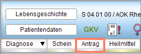 Über Antrag in der Hinzufügen-Leiste erzeugen Sie den PTV-Antrag. Button Antrag in der Hinzufügenleiste der Patientenakte
