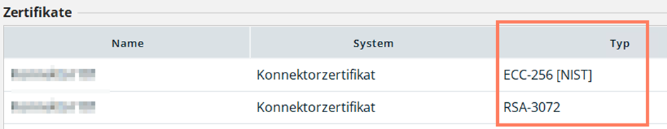 RSA- und ECC-Zertifikatstypen unter Admin > Konnektor > Zertifikate