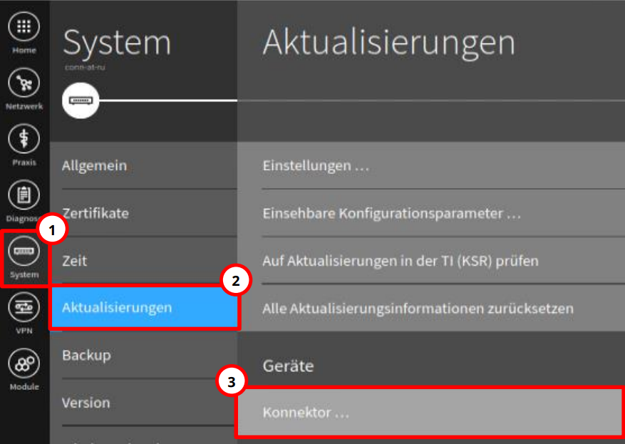 Unter System, Aktualisierungen und Konnektor finden Sie die verfügbaren Firmware-Versionen. Navigation zu den Firmware-Einstellungen des Konnektors