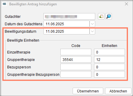 In der Bewilligung tragen Sie das Sitzungskontingent und das Bewilligungsdatum des alten Antrags ein. Eingabemaske zur Bewilligung mit Sitzungskontingent und Bewilligungsdatum