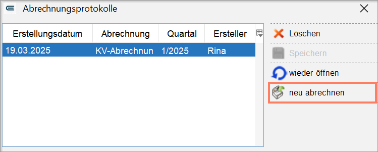 Abrechnungsprotokolle mit der Schaltfläche „neu abrechnen“