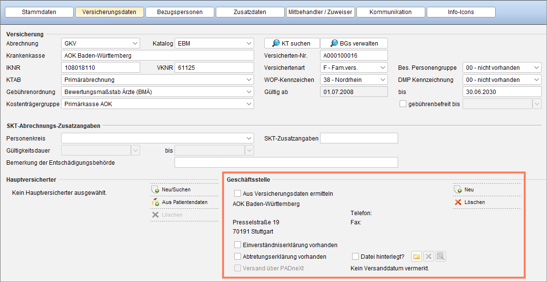Eingabe der Geschäftsstelle der Krankenkasse