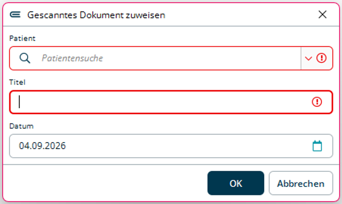 Im Dialogfenster weisen Sie das gescannte Dokument einem Patienten zu. Dialogfenster Gescanntes Dokument zuweisen mit den Feldern Patient, Titel und Datum